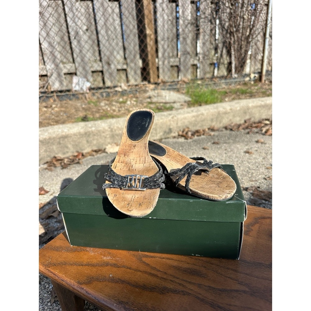 Lauren Ralph Lauren Cork Heel Sandals Black Woven Slides Size 6B